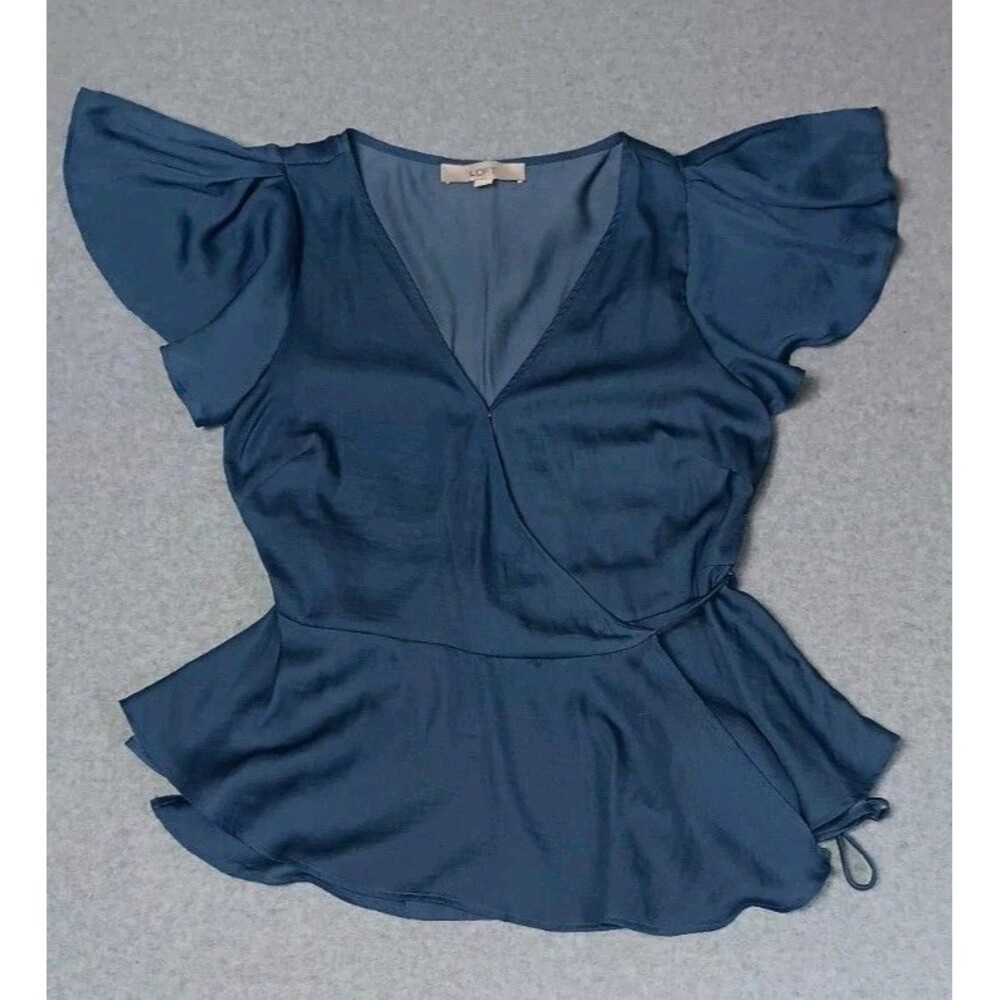 Loft Floutter Sleeve Peplum Wrap Blouse Small Deep Blue Fairycore Feminine Vneck